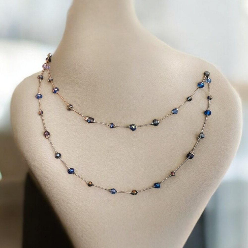 Elegant Vintage Blue Glass Beaded Long Necklace Silver Tone Station Beads Layers